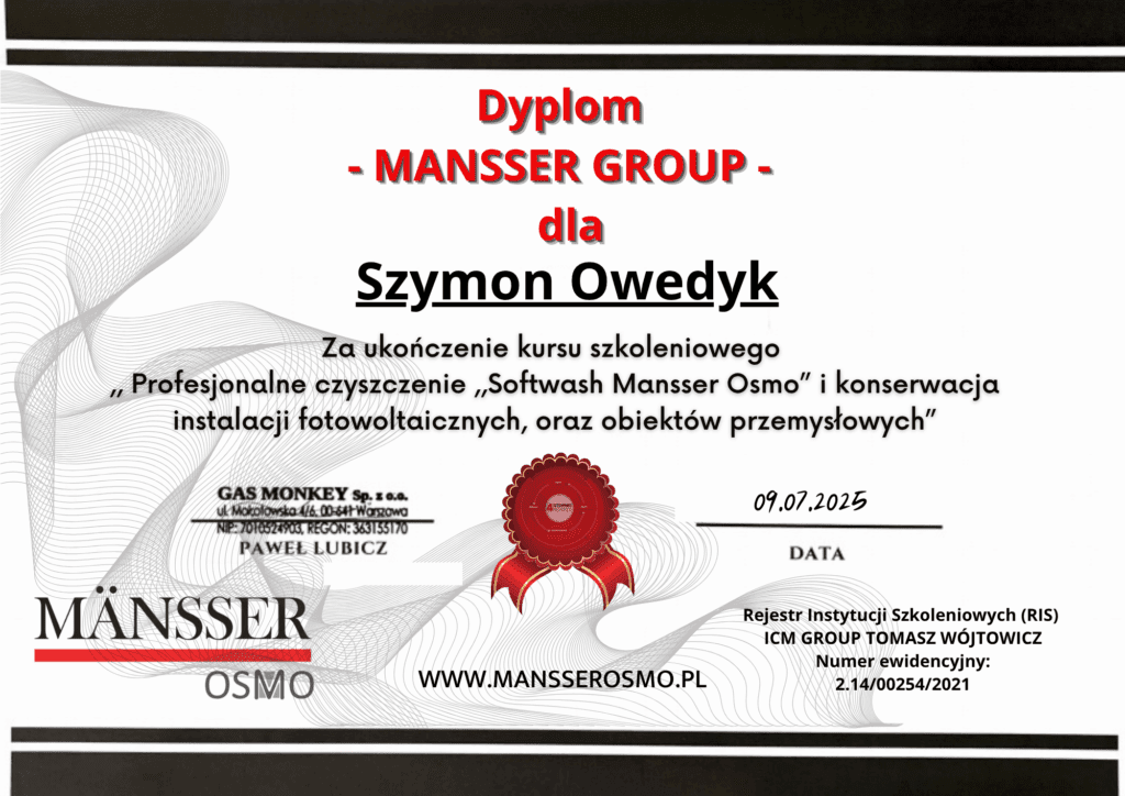 certyfikat szkolenie Mansser z mycia wodą demineralizowaną